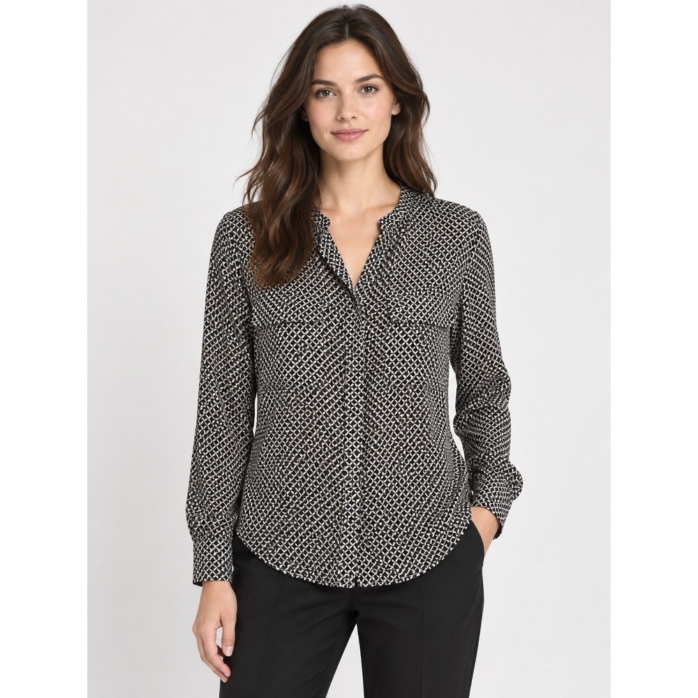 Equipment Femme Silk Blouse XS Black White Geometric Print Long Sleeve Shirt Top